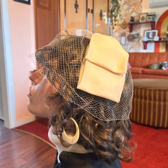 1950s birdcage beige cream lace front bow fascinator swing dance hat! - Picture 7 of 13